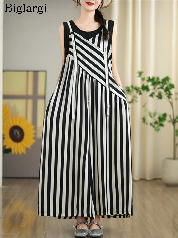 Striped Print Summer Sleeveless Slip Jumpsuit Women Loose Casual Pleated Ladies Jumpsuits Fashion Woman Wide Leg Jumpsuit