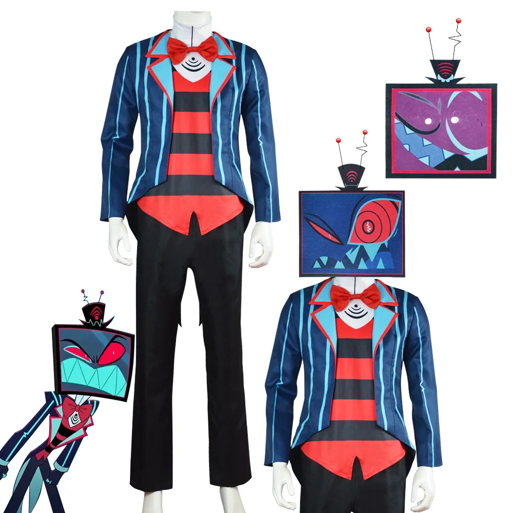 Hazbin Cosplay Hotel Vox Cosplay Kostüm Uniform Mantel Hose Outfit Herren Halloween Karneval Blau Rot Anzug Rollenspiel Cosplay