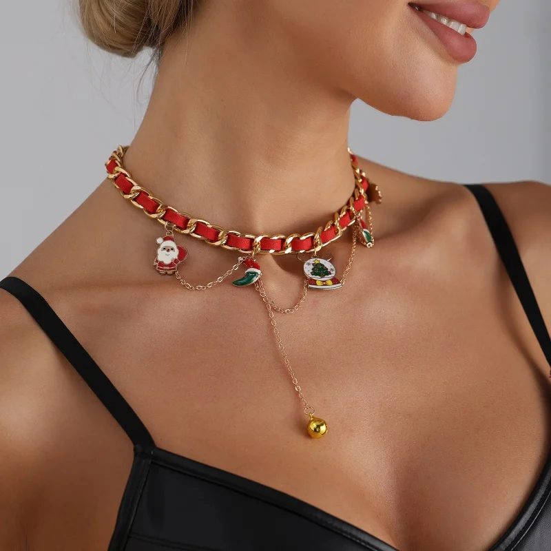 2026 عيد الميلاد متعدد العناصر المختنق قلادة للنساء سانتا كلوز شجرة دلاية شكل نجمة تصميم جديد شخصية الشريط المنسوجة مجوهرات