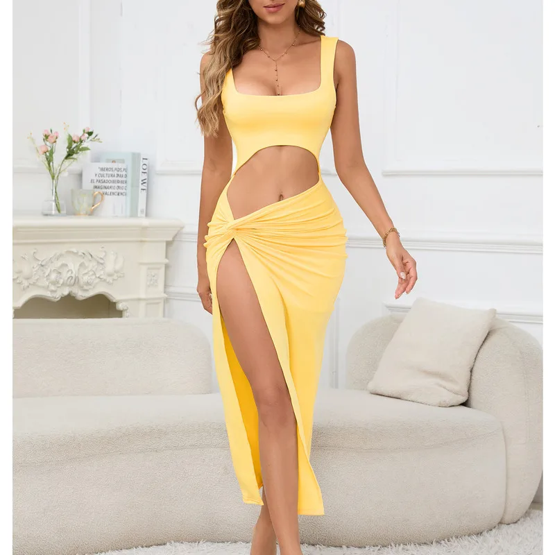 

New Women Long Dress Summer Strapless Solid Color Hollow Out Belly Sexy Maxi Dress Elegant Fashion Trendy Boho Chic Style Beach
