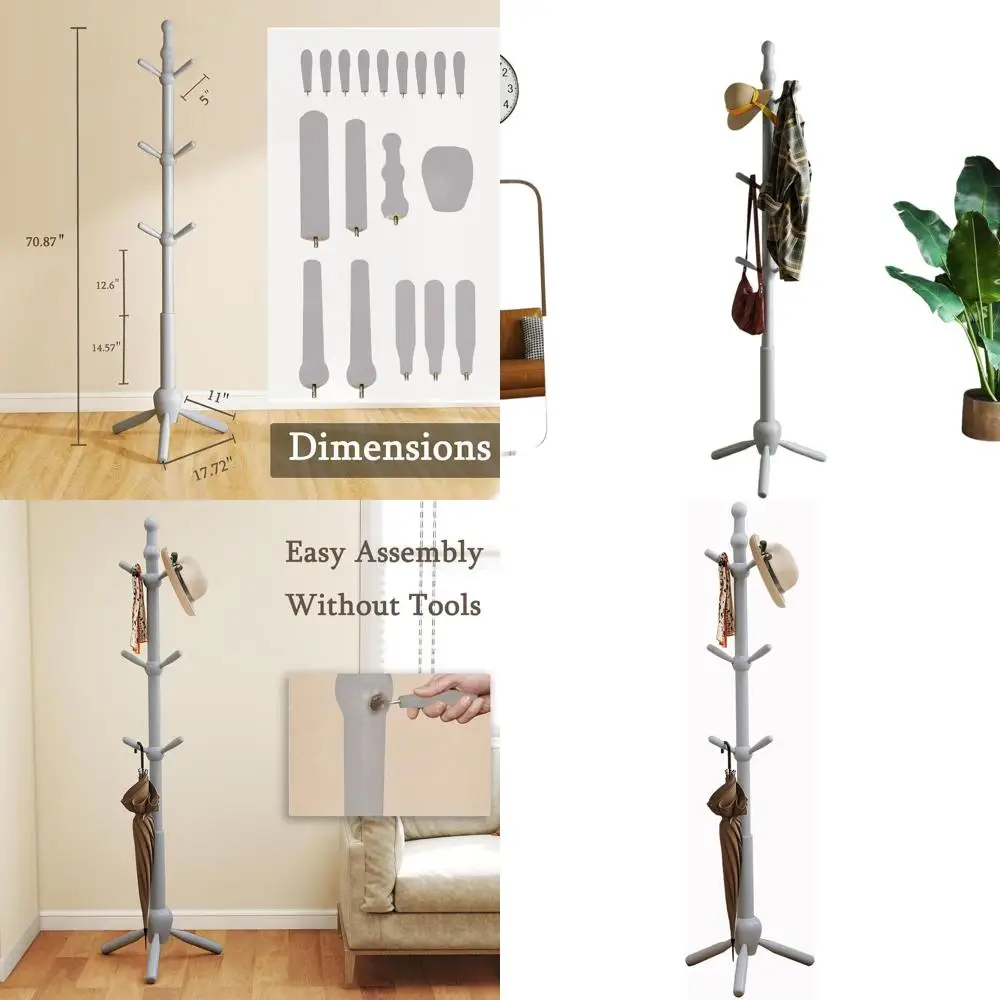

Vintage Heavy-Duty 9-Hook Solid Wood Coat Rack Stand, Adjustable, Ideal for Entryway, Living Room, Office, Hallway in Grey
