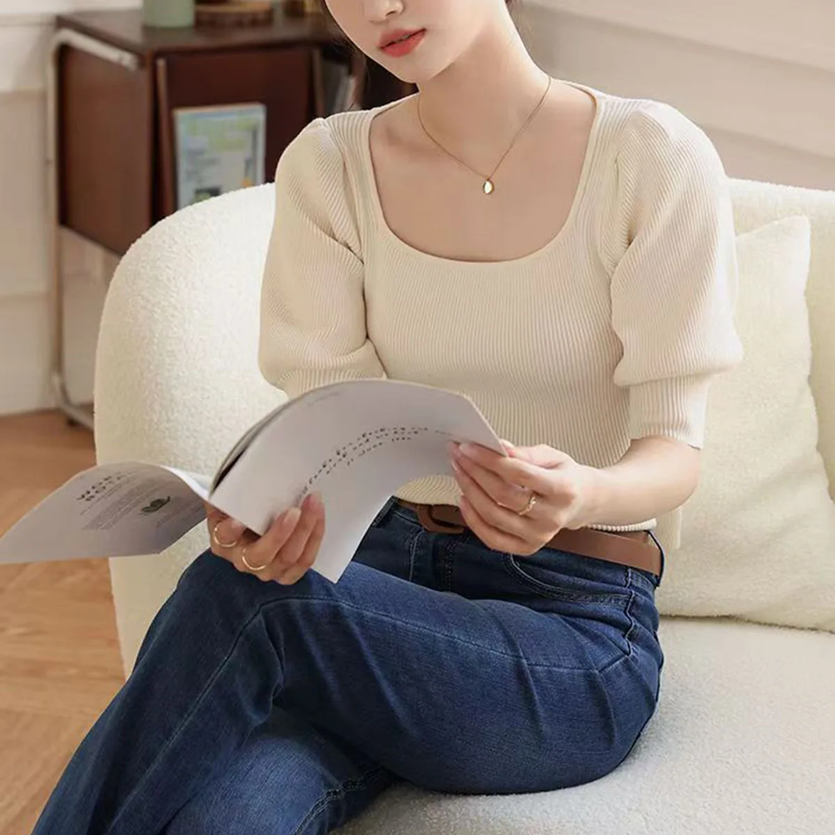 2024 Summer Knitted T-shirts For Women Solid Color Square Collar Puff Sleeve Tops Korean Fashion Ladies Short Sleeve Shirts