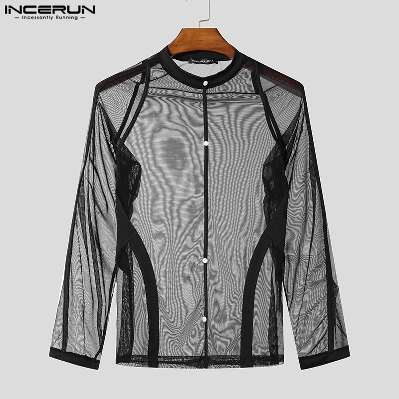 INCERUN Men Well Fiiting Long Sleeved Tops 2024 Casual Round Neck Mesh Patchwork T-shirts Sexy Handsmen Buttons Fashion Camiseta