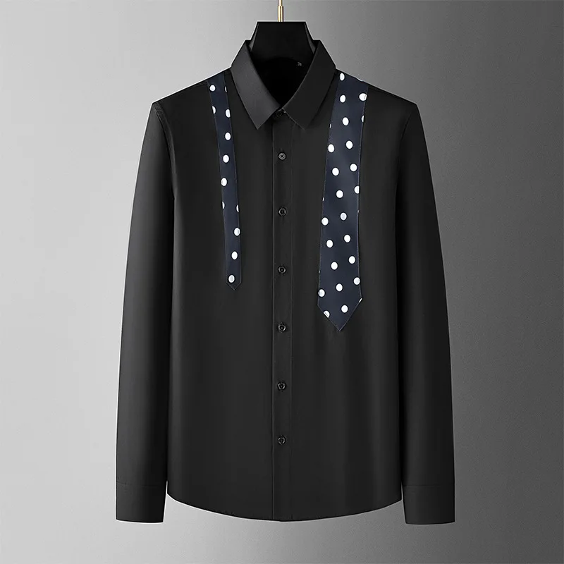 High Quality Polka Dot Spliced Men's Shirt Long Sleeve Slim Fit Cotton Shirts Casual Business Formal Dress Shirts Men Clothing