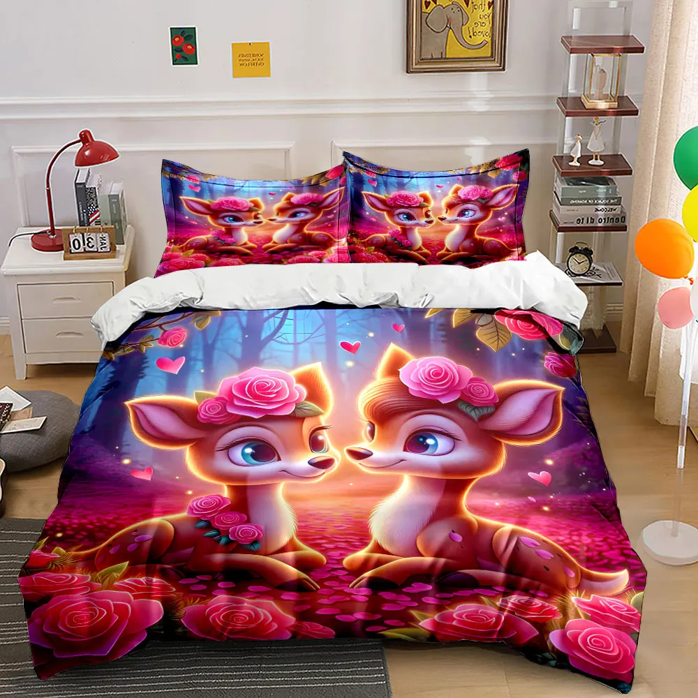 Adorable Deer in Romantic Forest Bedding Set for Kids Luxury Gift 3pcs Digital Print Comforter Set Soft Comfortable Breathable