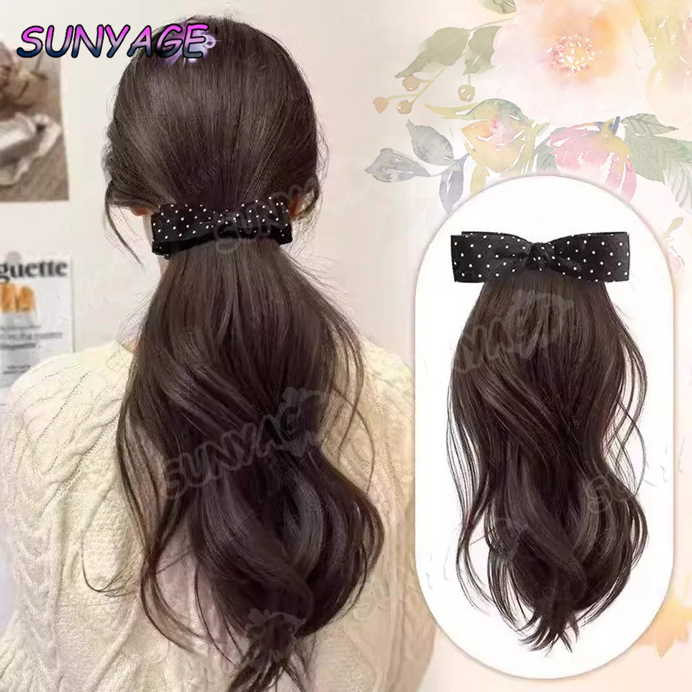 

Elegant Synthetic Polka-Dot Bow Banana Claw Clip Ponytail Wig, Long Wavy Layered Ponytail for Women's Daily Wear