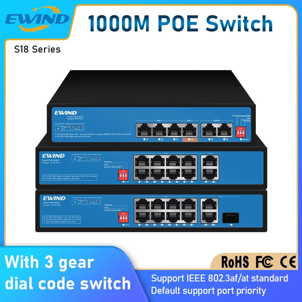 

EWIND 4/8 Portas POE Switch Gigabit Ethernet Switchs 10/100/1000Mbps Network Switchs for IP Camera/Wireless AP AI Smart Switch