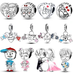 100% 925 Sterling Silver Boy Girl Heart Shape Beads Charms Pendant Fit For Pandora Original Bracelet Diy Jewelry Making 2023 New