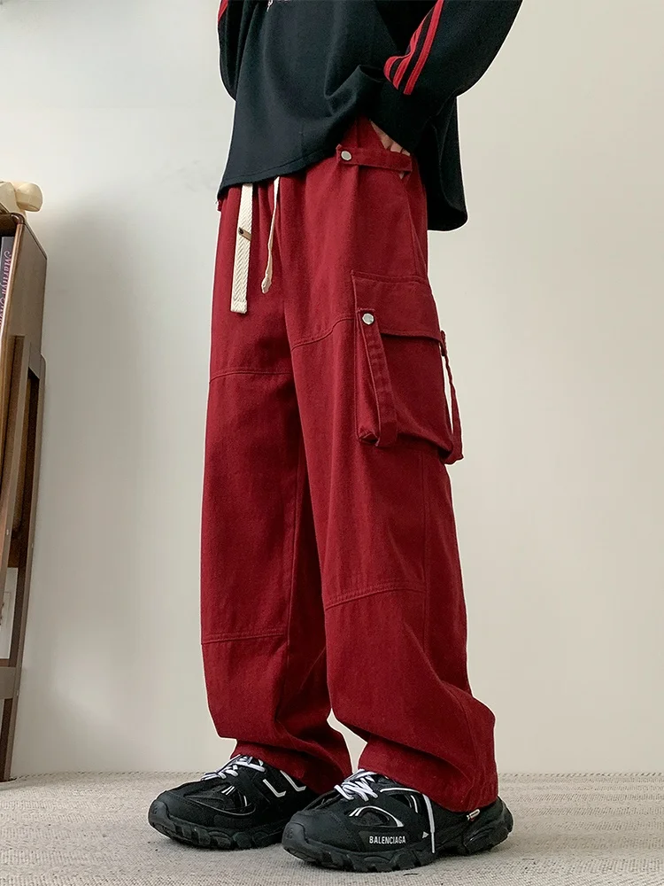 

Wassup Happy Men's Casual Pants Spring Autumn Loose Fit American Retro Work Trousers with Big kets Straight Leg Long Pants