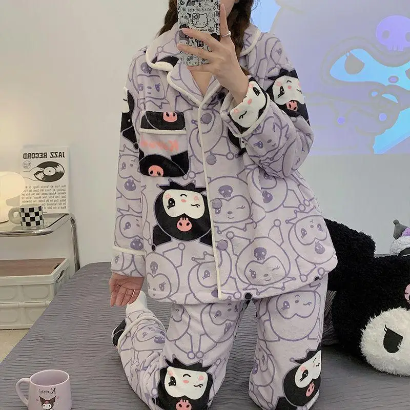 Sanrio Mädchen Flanell Strickjacke Pyjama Set Winter Kawaii Kuromi Comic Student Verdickung Warm Halten Mode Ausgehen Freizeit Tragen Kit