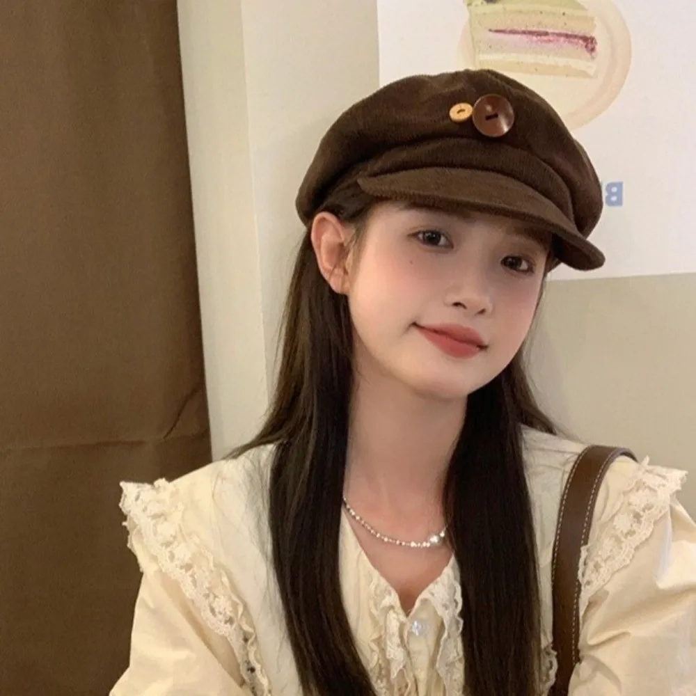 レトロ Y2k ダブルボタンベレー帽原宿 JK ペインターハット日本防風コーデュロイ野球帽女性