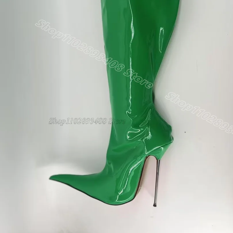 Green Pointed Toe Metal Heels Boots Elastic Side Zipper British Style Fashion Women Spring Party Dress Boots Zapatos Para Mujere