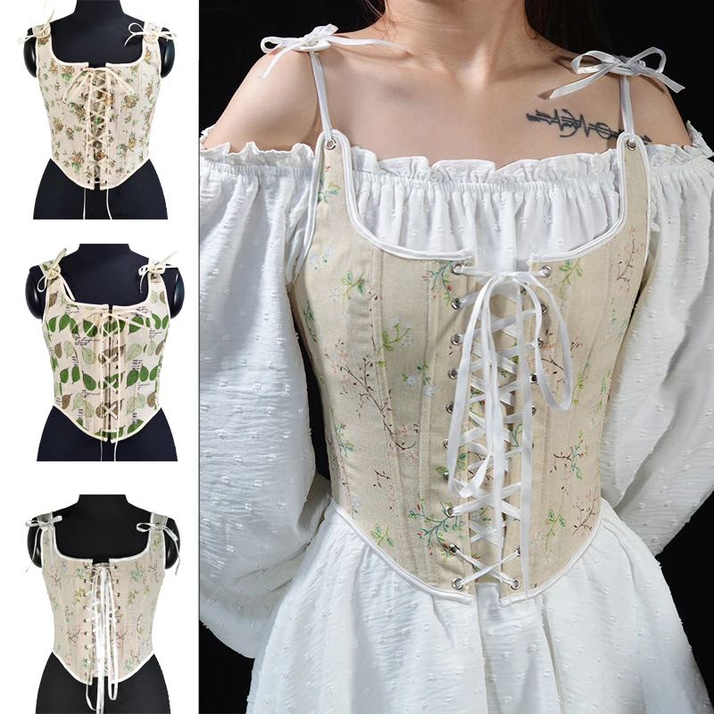 

Bustier Corset Tops for Women Renaissance Lace Up Floral Overbust Boned Bustier Bodice Summer Crop Tops Waist Shapewear Tops