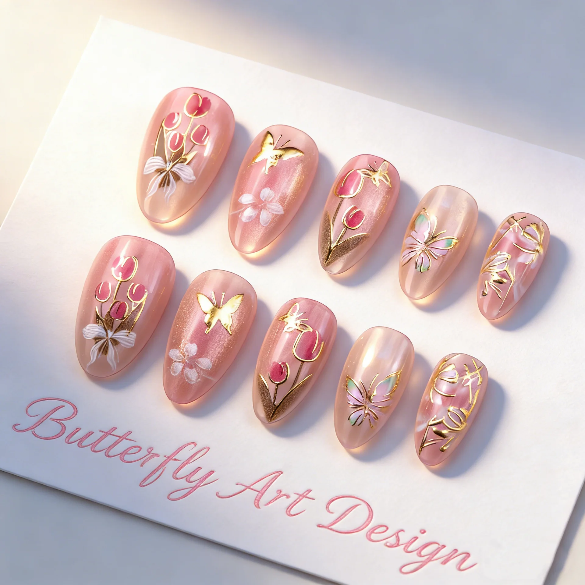24pcs Almond False Nail Gilded Smudge Tips French Fake Nail Cat's Eye Glitter Press on Nails Reusable Flower Pink Nails Set Kit
