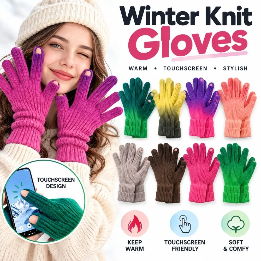 Fashion Gradient Winter Gloves Fingertip Openings Thick Knit Gloves Elastic Windproof Touchscreen Gloves For Women Men