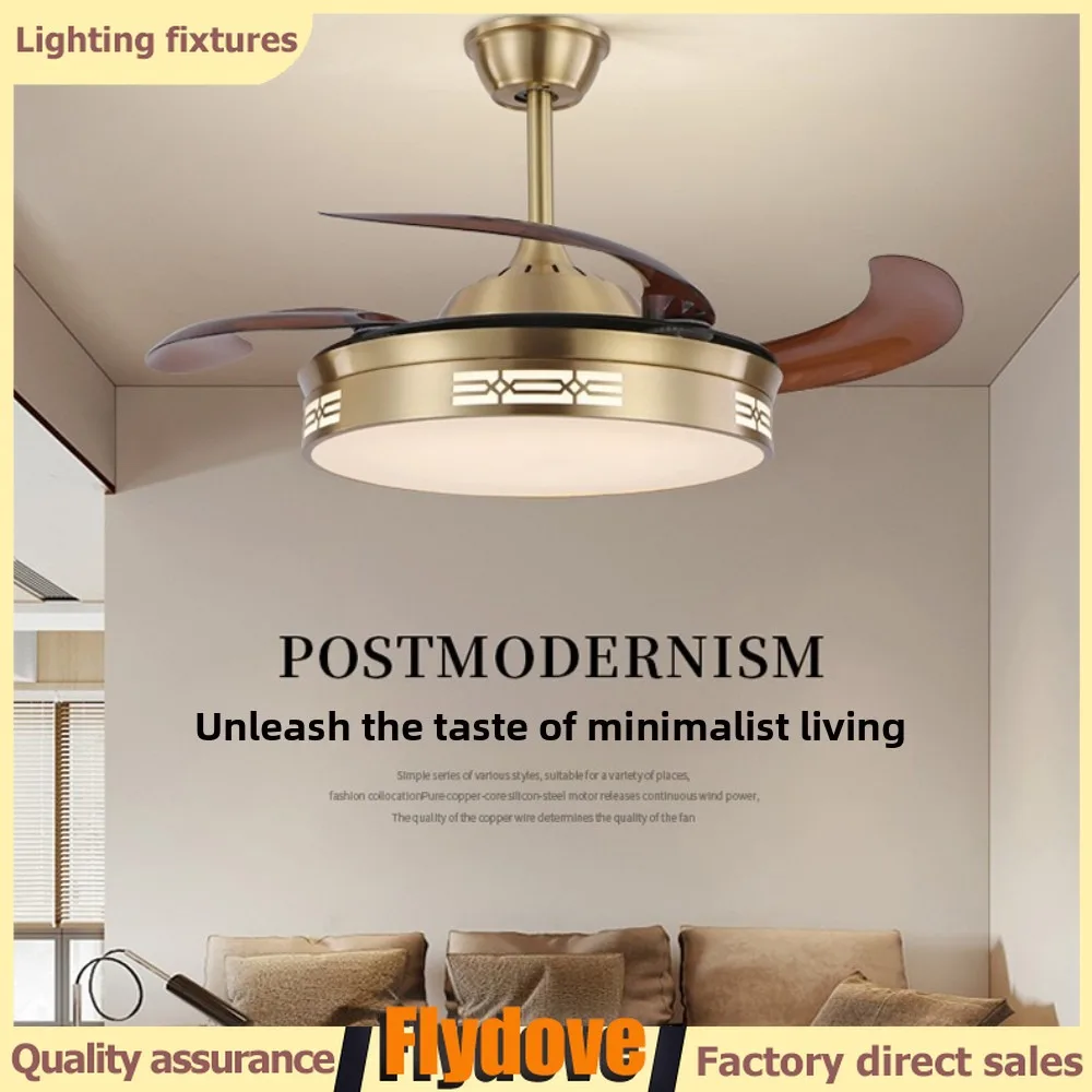 

Modern Chinese Restaurant Brass Fan Light Simple Living Room Pendant Light Bedroom Invisible Silent Remote Control Fan LED Light