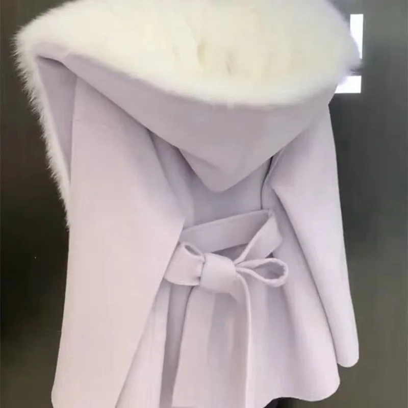 2023 Women's Autumn And Winter New Little Fragrance Style Light And Thin Short Small Man Collar Pink Hooded Woolen Coat Fur