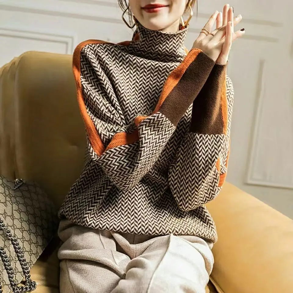 Autumn and Winter 2022 Shirt Sweater Woman Geometric Knitting Turtleneck Jumping Full Match Long Fashion Loose Casual Women Top