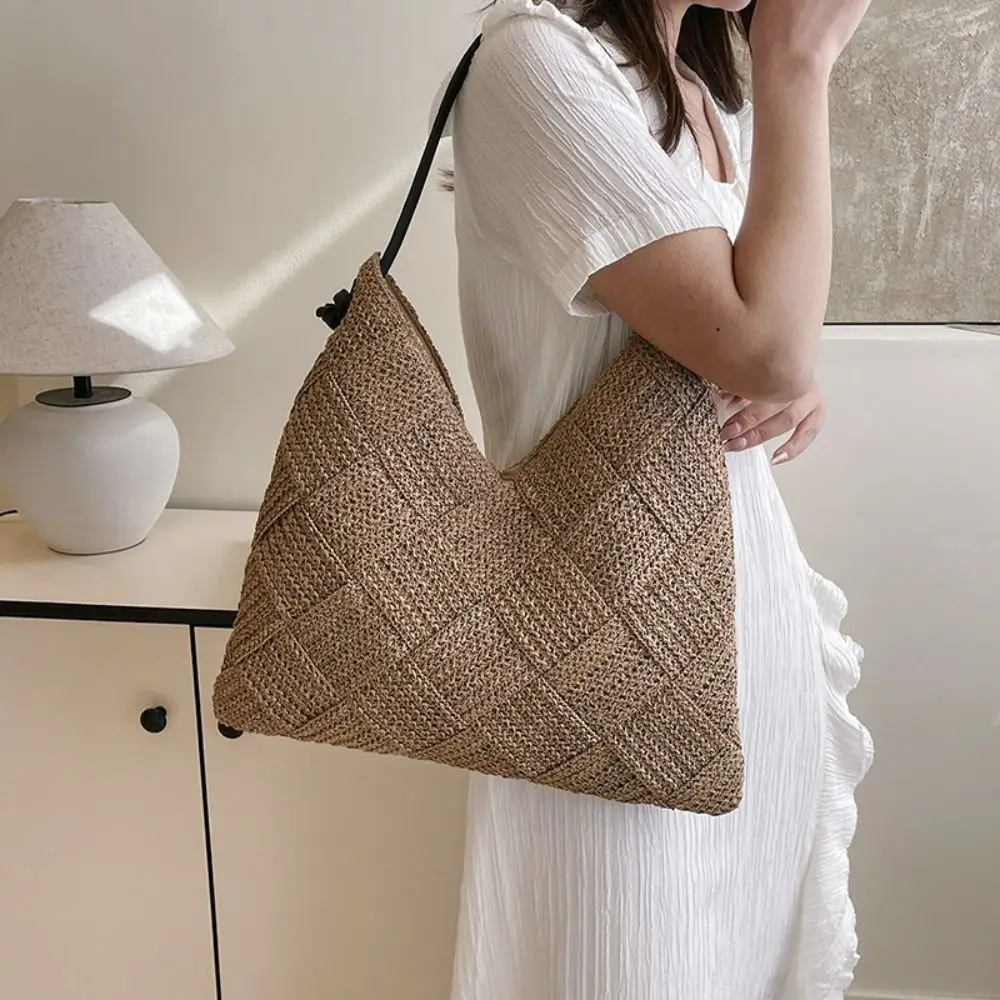 

Simple Bohemian Hollowed Out Knitted Bag Triangle Cotton Thread Weave Shoulder Bag Woven Large Capacity Beach Straw Bag Outdoor