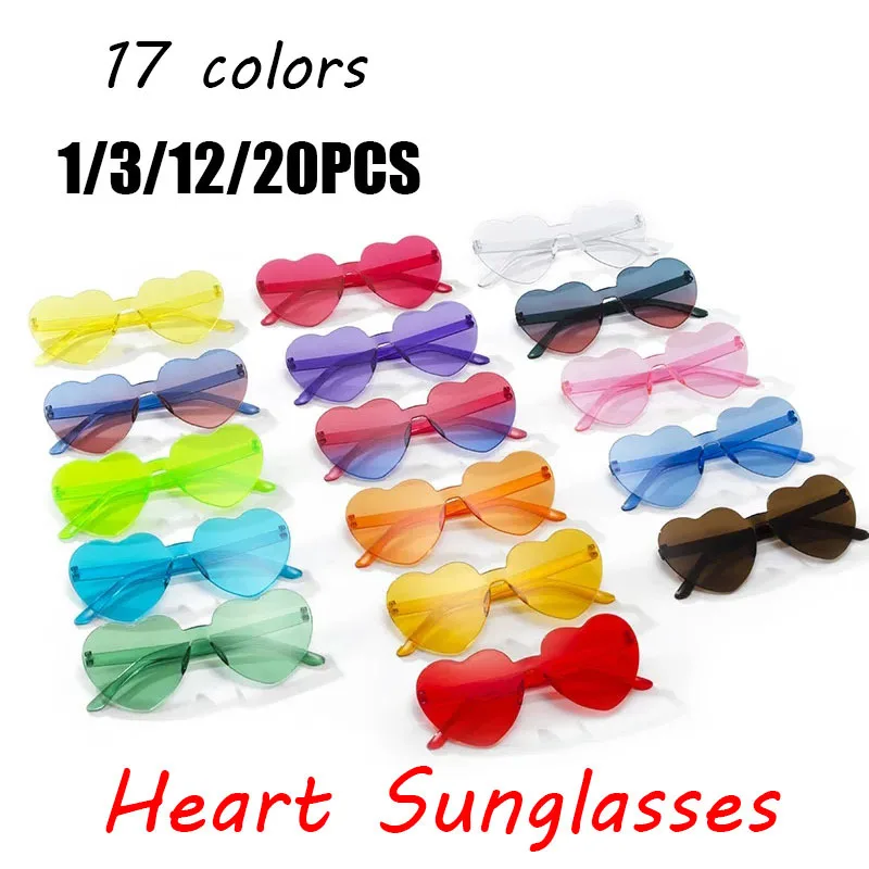 1/3/12/20PCS Heart Sunglasses Love Sunglasses Jelly Color Frameless Heart-shaped One-piece Glasses Dazzling Color Glasses