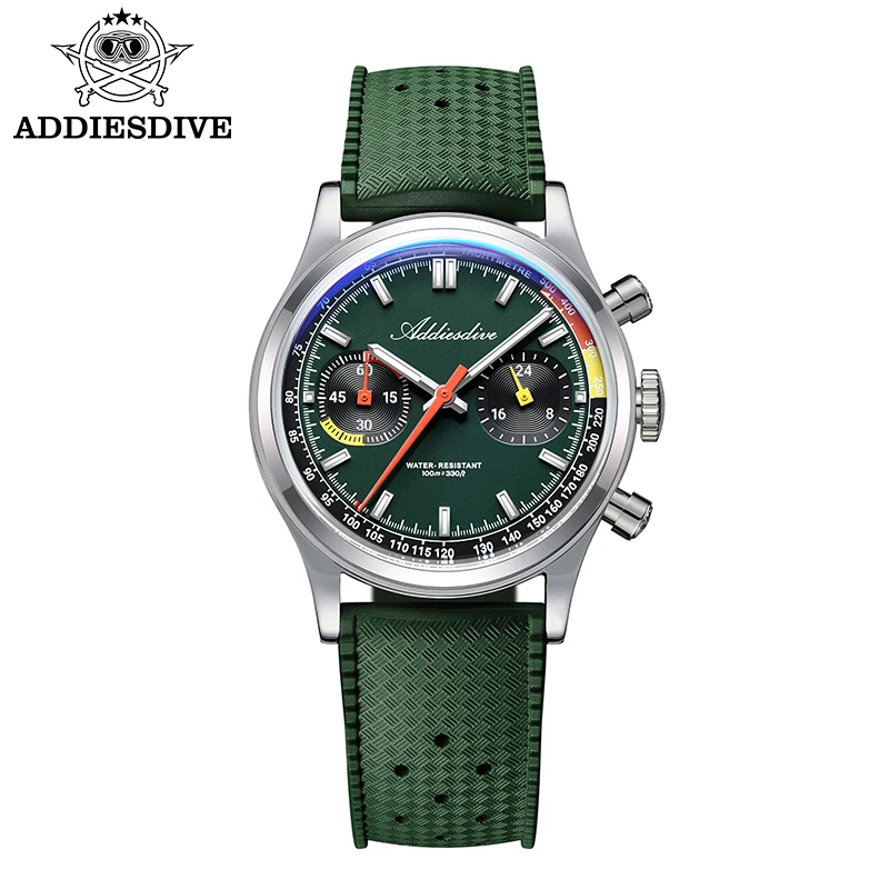 

ADDIESDIVE New Chronograph Men Watches Luminous 100m Waterproof 38mm Luxury VK64 Quartz Wristwatch Fluororubber Strap Diving