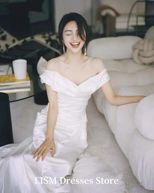 LISM قبالة الكتف حورية البحر كوريا فساتين الزفاف عالية لحم الخنزير الحرير الساتان فساتين زفاف تخصيص الزفاف الكورسيهات تبادل لاطلاق النار الصورة