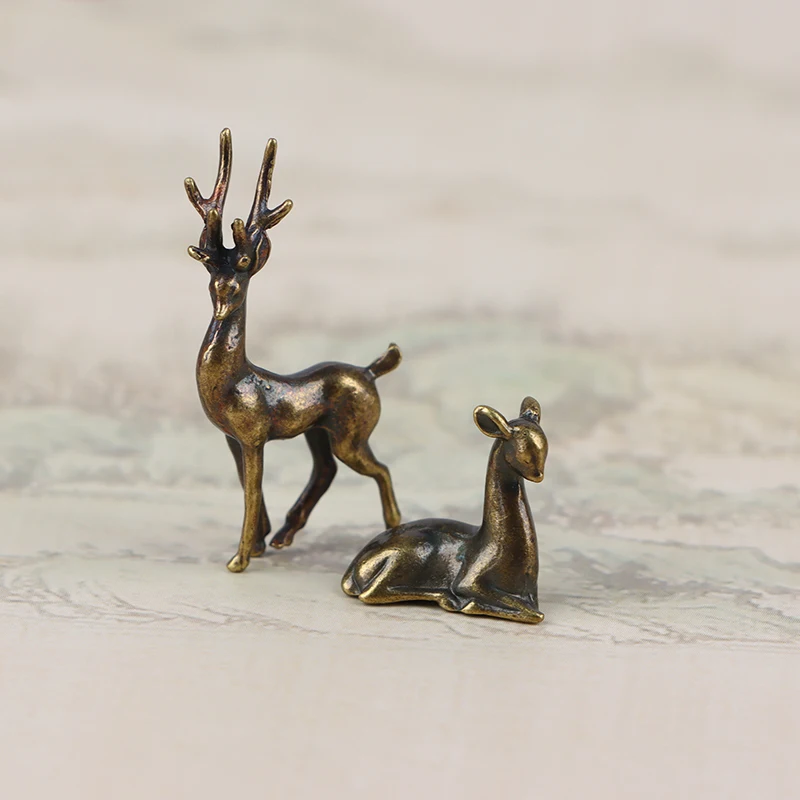 New 1Pc Copper Alloy Sika Deer Tabletop Small Ornaments Vintage Animal Figurines Desk Decorations Accessories Home Decor Crafts