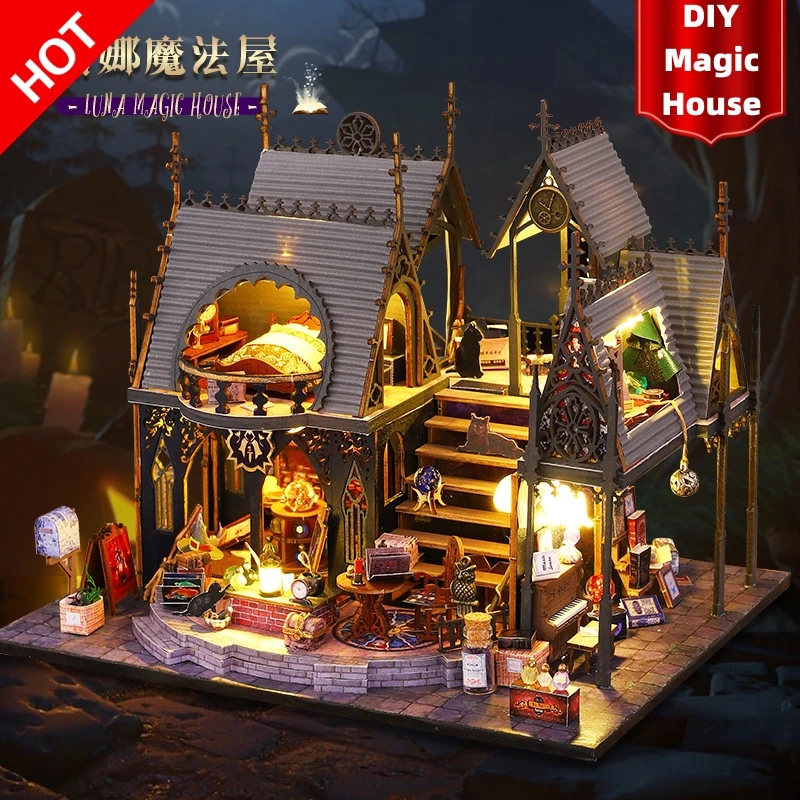 

DIY Wooden Doll Houses Magic House Retro Casa Miniature Building Kits with Furniture Led Xmas festival birthday Kid gift Toy