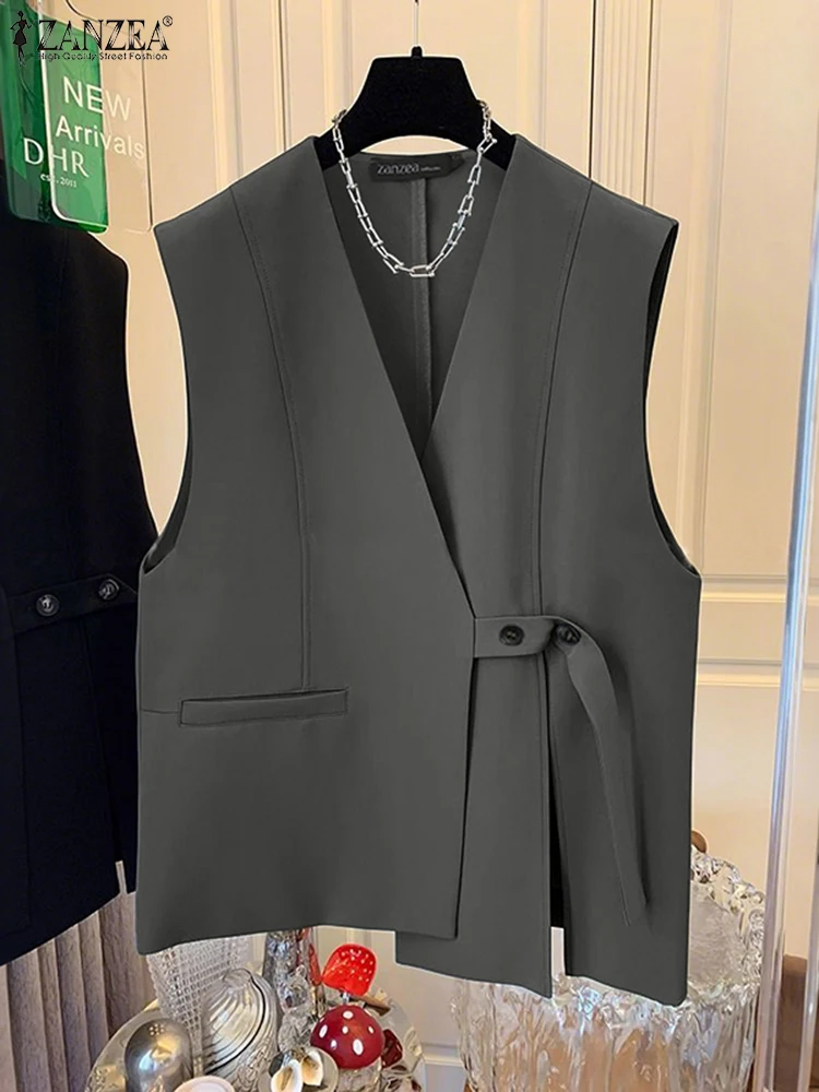 

ZANZEA модные жилеты женские осенние верхняя одежда 2025 стильные жилеты с v-образным вырезом повседневные однотонные бандажные элегантные офисные уличные тонкие пальто