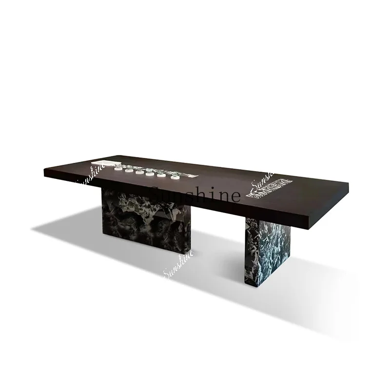Italian minimalist living room household luxury stone tea table rock slab solid wood smoke color tea table  FT