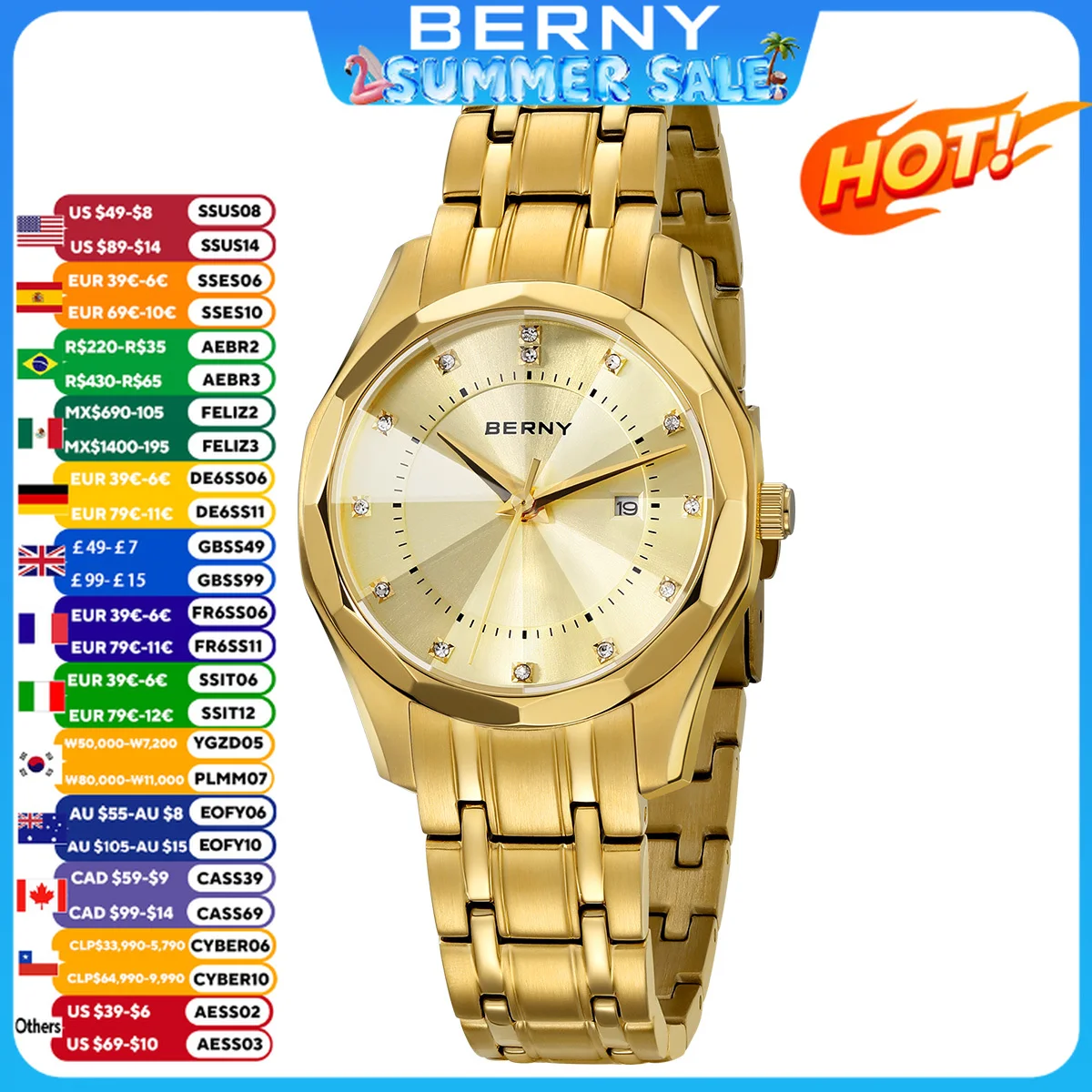 

BERNY Watch for Women Quartz Luxury Golden Ladies Wristwatch Waterproof Golden Clock Stainless Steel Fashion Men/Women Watch