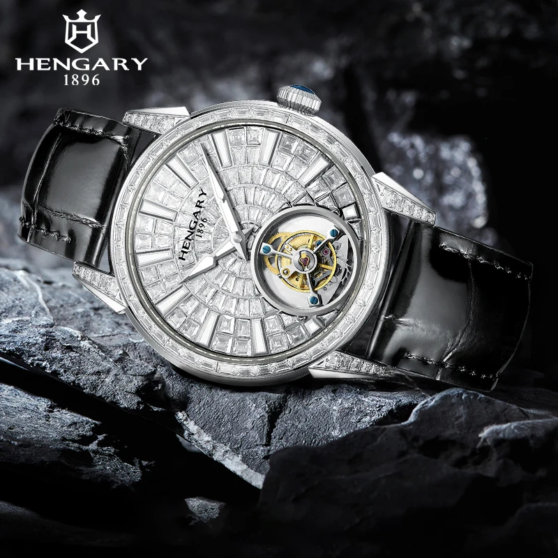

HENGARY Luxury Diamond-Set Tourbillon Watch Automatic Movement Black Calfskin Strap Sapphire Crystal 50m ATM 43mm Dial Zircon