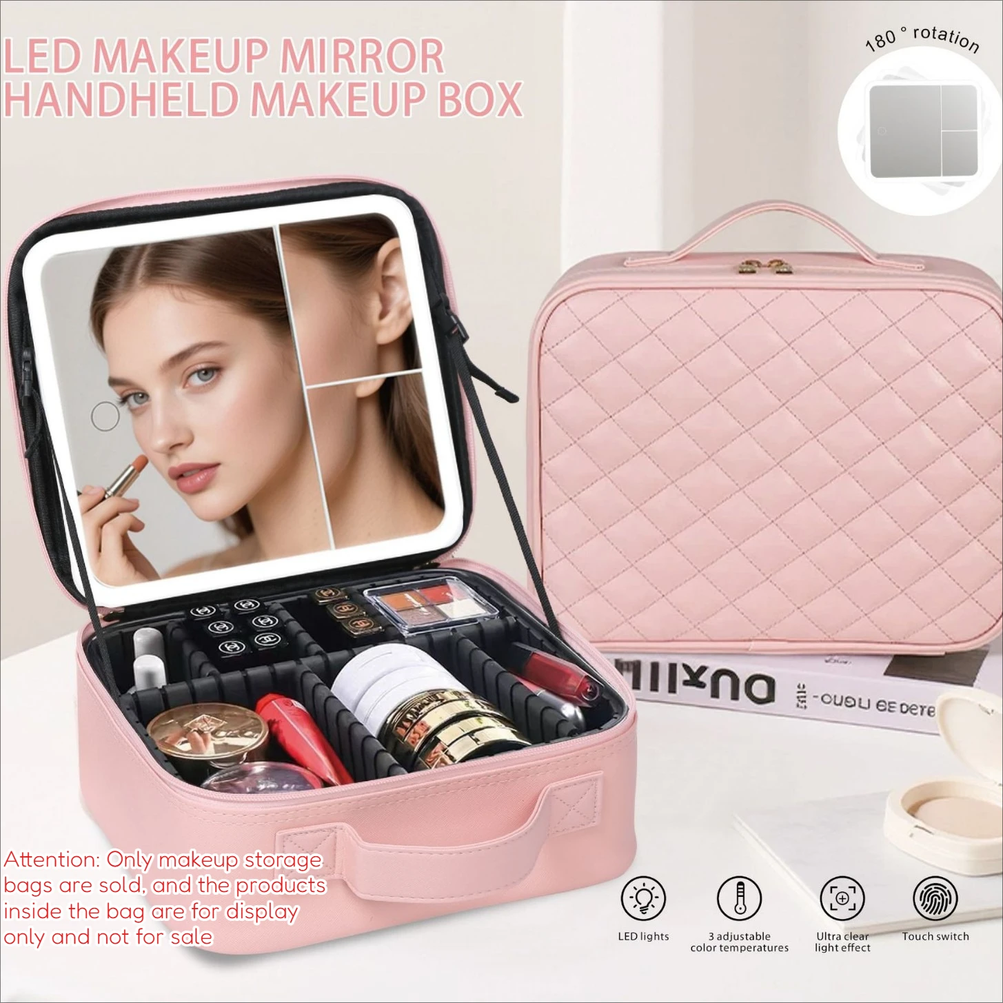 

New Fashionable and High-quality Diamond Grid Makeup Brush Storage Bag with LED Light Makeup Mirror PU Leather Beauty and Health