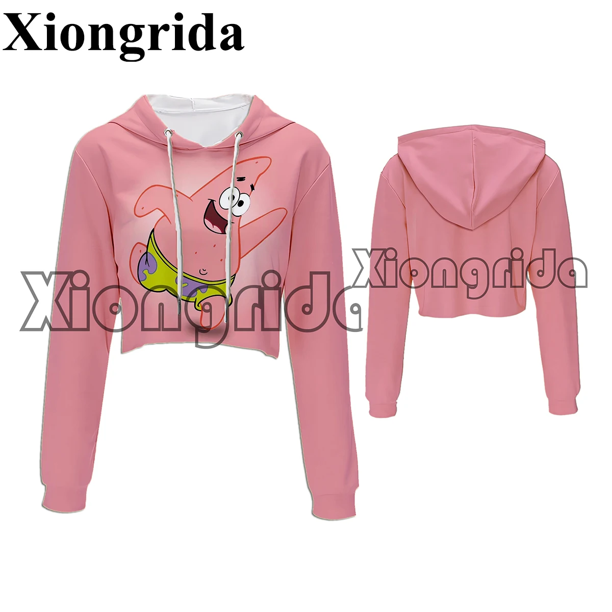 

Kawaii Cute Patrick Star Crop Top Hoodie Women Casual Long Sleeve Hooded Short Sweatshirt Sexy Crop Sweaters Y2K Hooded Pullover