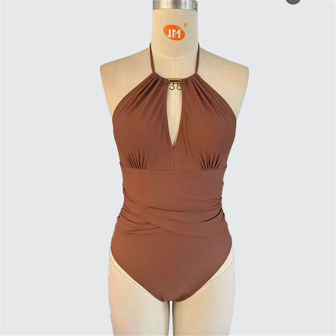 S - XXL Neckholder-Badeanzug mit Ausschnitten und Falten, einteiliger Badeanzug für Damen, Monokini mit hohem Beinausschnitt, Badebekleidung, Badeanzug, Modell V7501 – Detail 8