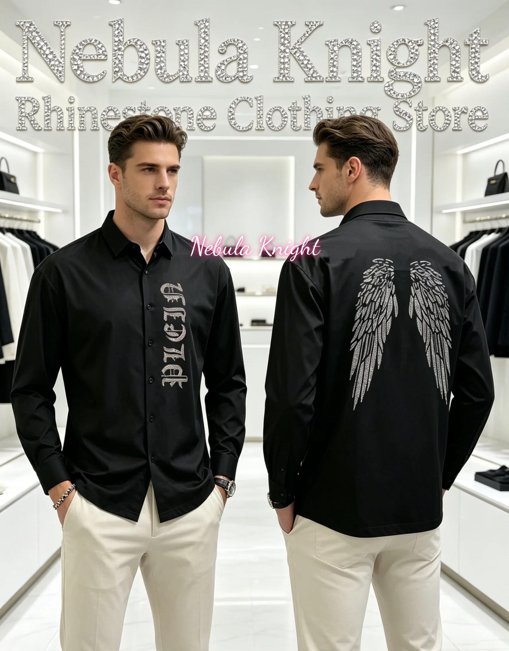 New Men Luxury Black Rhinestone Button Down Shirt Long Sleeve Slim Fit High Street Daily Casual Dress Shirts