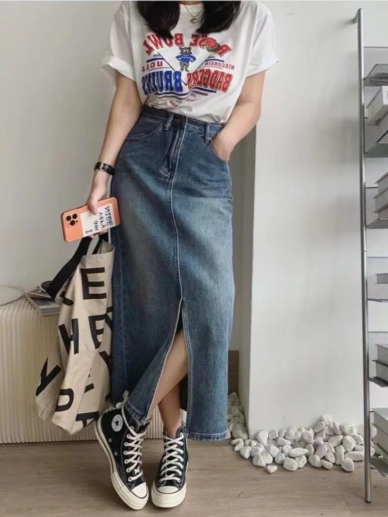 

Vintage Denim Skirt For Women New High Waist Slimming Front Slit Long Pencil Jean Skirts