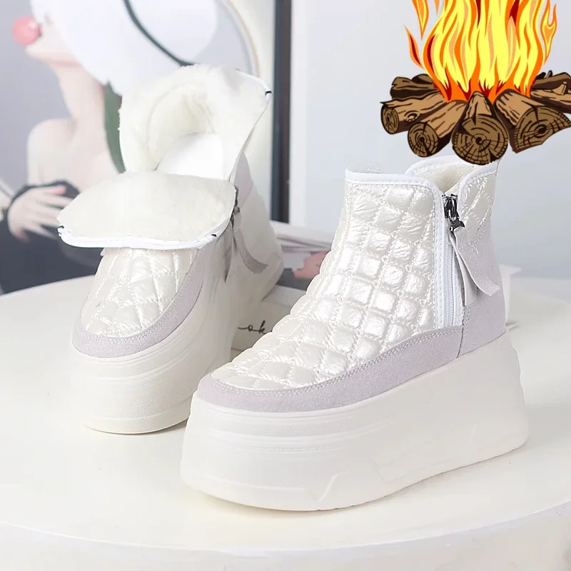 12cm Down Microfiber Leather Fashion Women Ankle Booties Platform Wedge Chimney Winter Plush Autumn Spring Lady Warm Shoes