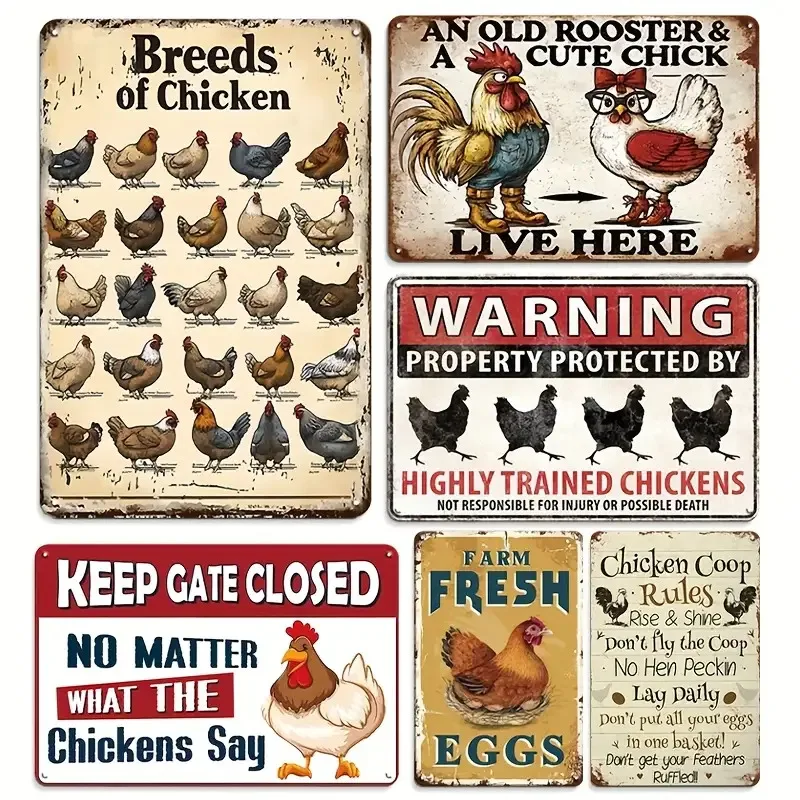 A Set of 6 Vintage Metal Chicken Coop Signs - Charming Rustic Wall Decor, Suitable for Farmhouses, Kitchens, Bathrooms, or Bedro