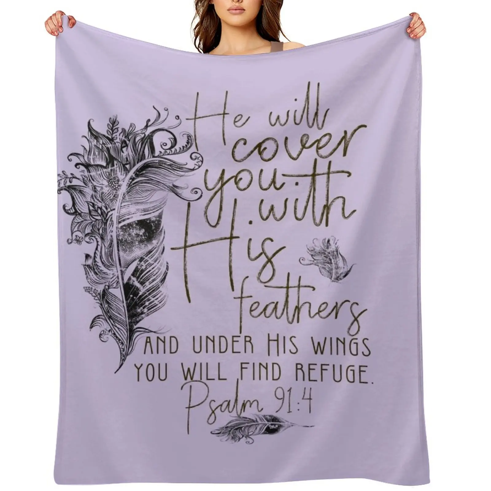 

Psalm 91:4 Bible Scripture Feather Design Throw Blanket Plush Shaggy Luxury Designer Summer Blankets