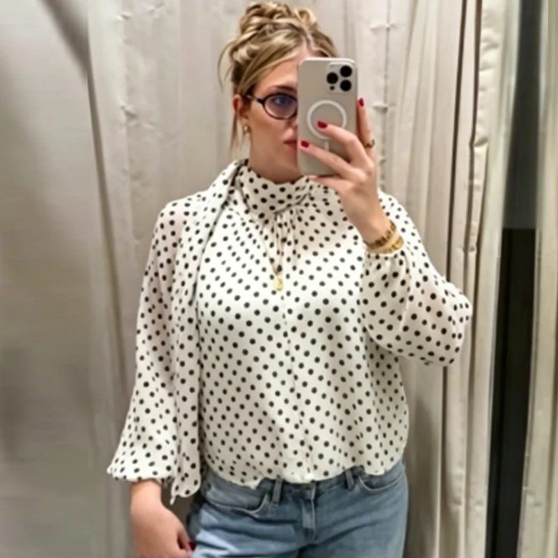 HXAO Polka Dot Oversized Top Women's Blouse Summer 2026 Boho Brown White Shirt Chiffon See -Through Long Sleeve Tops For Woman