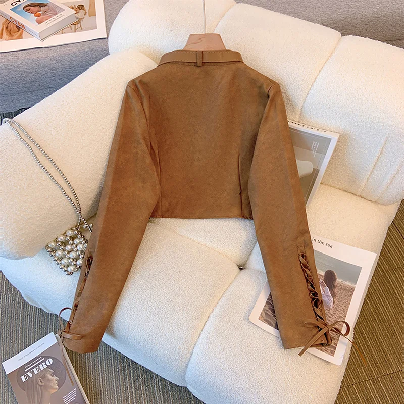 MiiiiX Retro Style Brown PU Leather Jacket Women's 2024 Autumn Loose Lace-up Design Short Single Breasted Coat Female Clothes