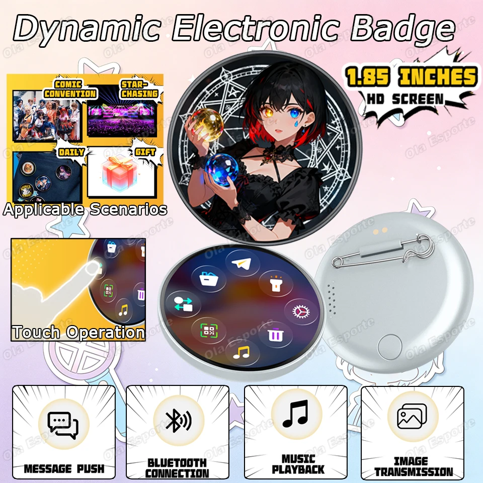 

Dynamic Electronic Display Badge Rechargeable Touch Operation Smart Digital Display Video Badge Collectible Gifts Anime Lovers