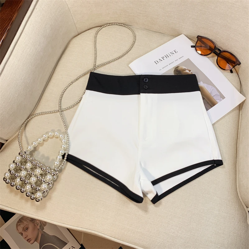 New Fashion Black White Patchwork High Waist Wrap Hip A-line Shorts Women Summer Gray Casual Wide-leg Short Pant Trend Popular
