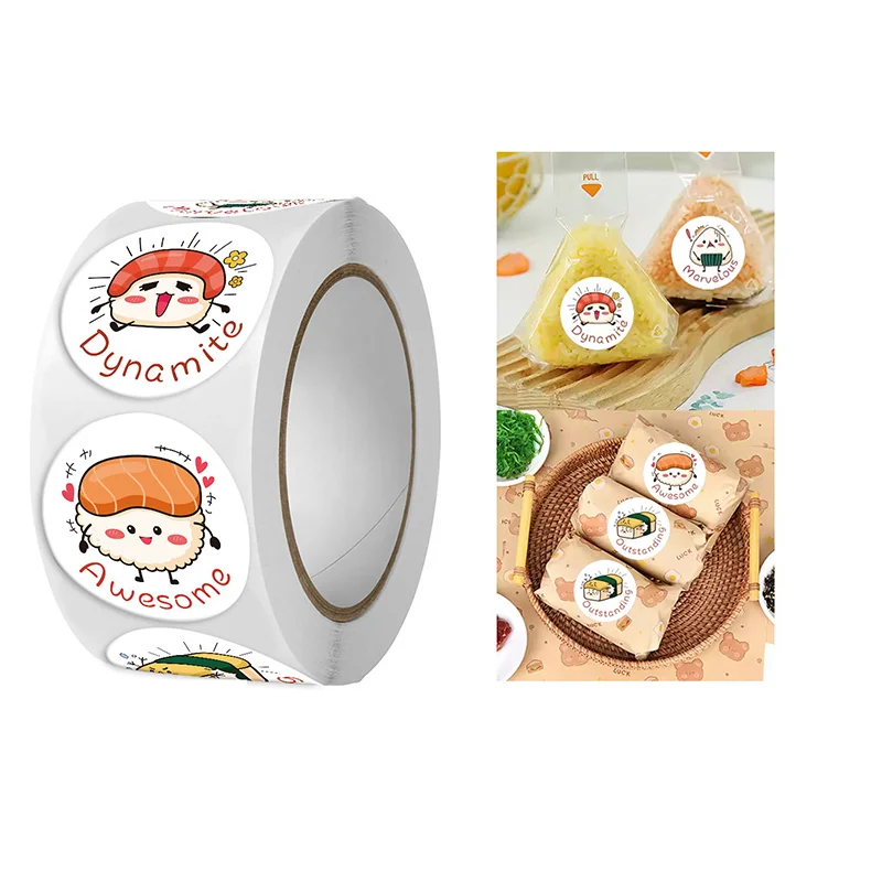 1Roll /500sheets Circular Cartoon Sushi Pattern Sticker Birthday Wedding Decor Sticker Baked Dessert Lunch Box Label Sticker