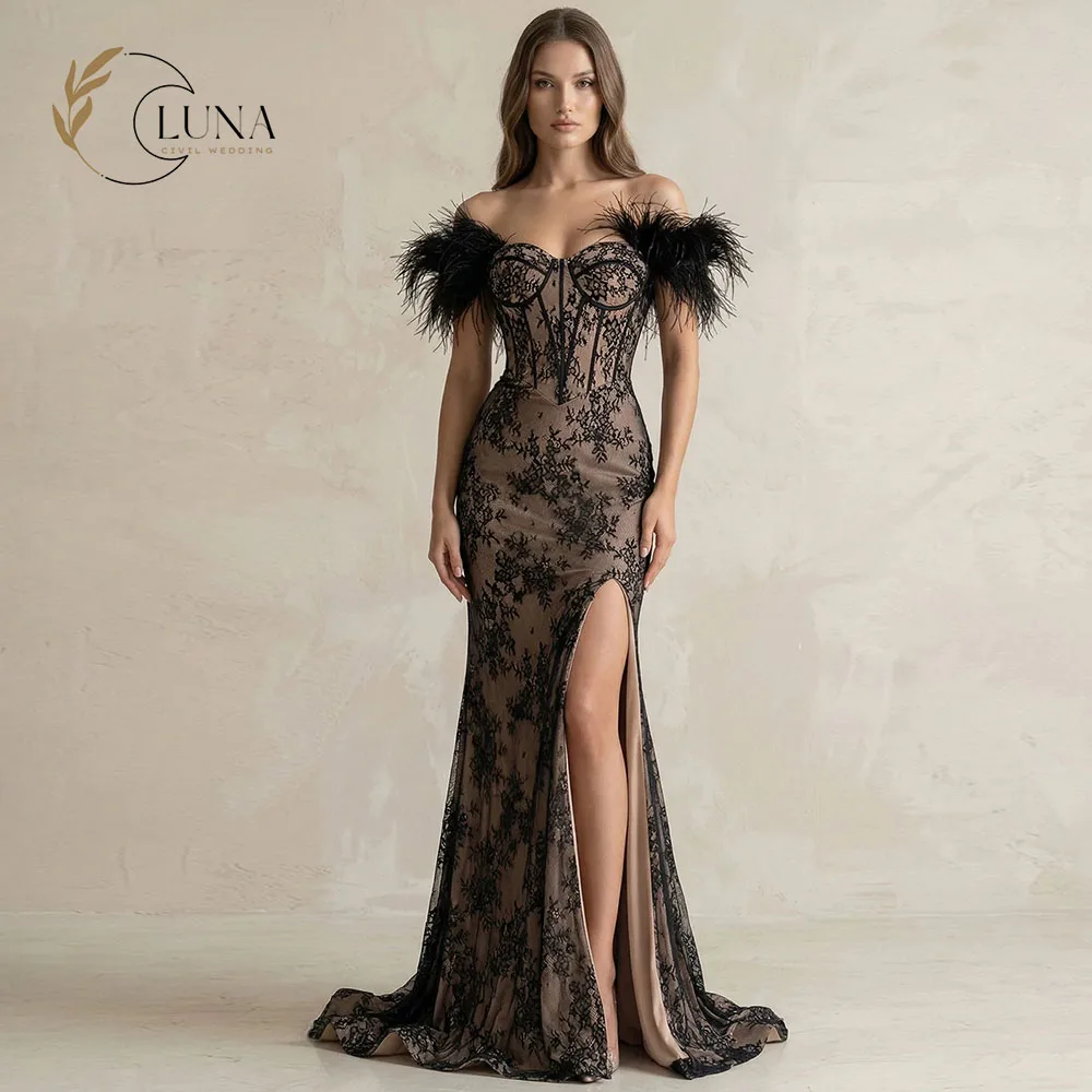 Luna Customized Feather Off-the-Shoulder Mermaid Corset Lace Wedding Dress With Slit in Black High Slit Gown Vestidos De Novia