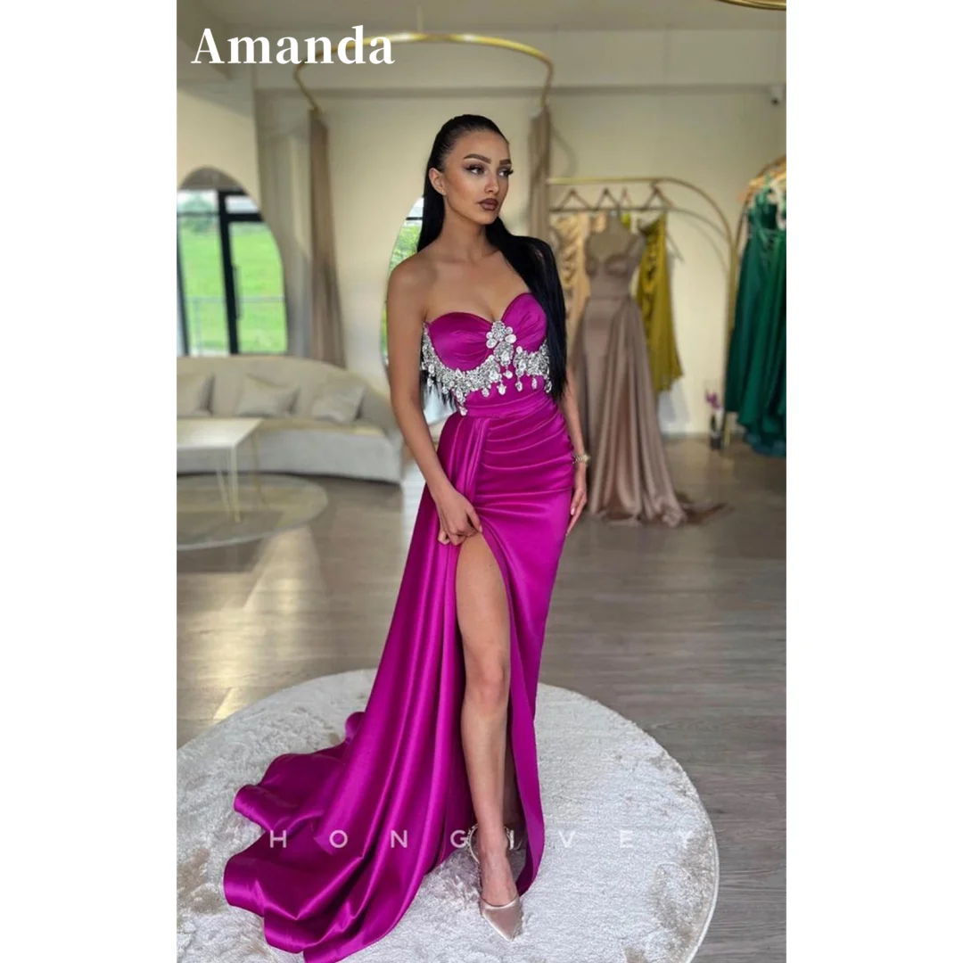 

Amanda Fuchsia Satin vestidos de noche Shiny Sequins Prom Dresses Elegant Sleeveless Floor-Length Side Split Formal Evening 2024