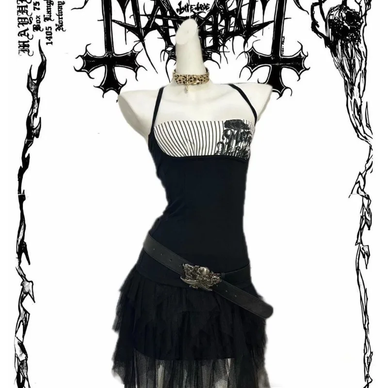 Halter Punk Vintage Y2k Tops Sexy Subculture Gothic American Retro Casual Chic Wrap Chest Tanks Black Summer Women Camis
