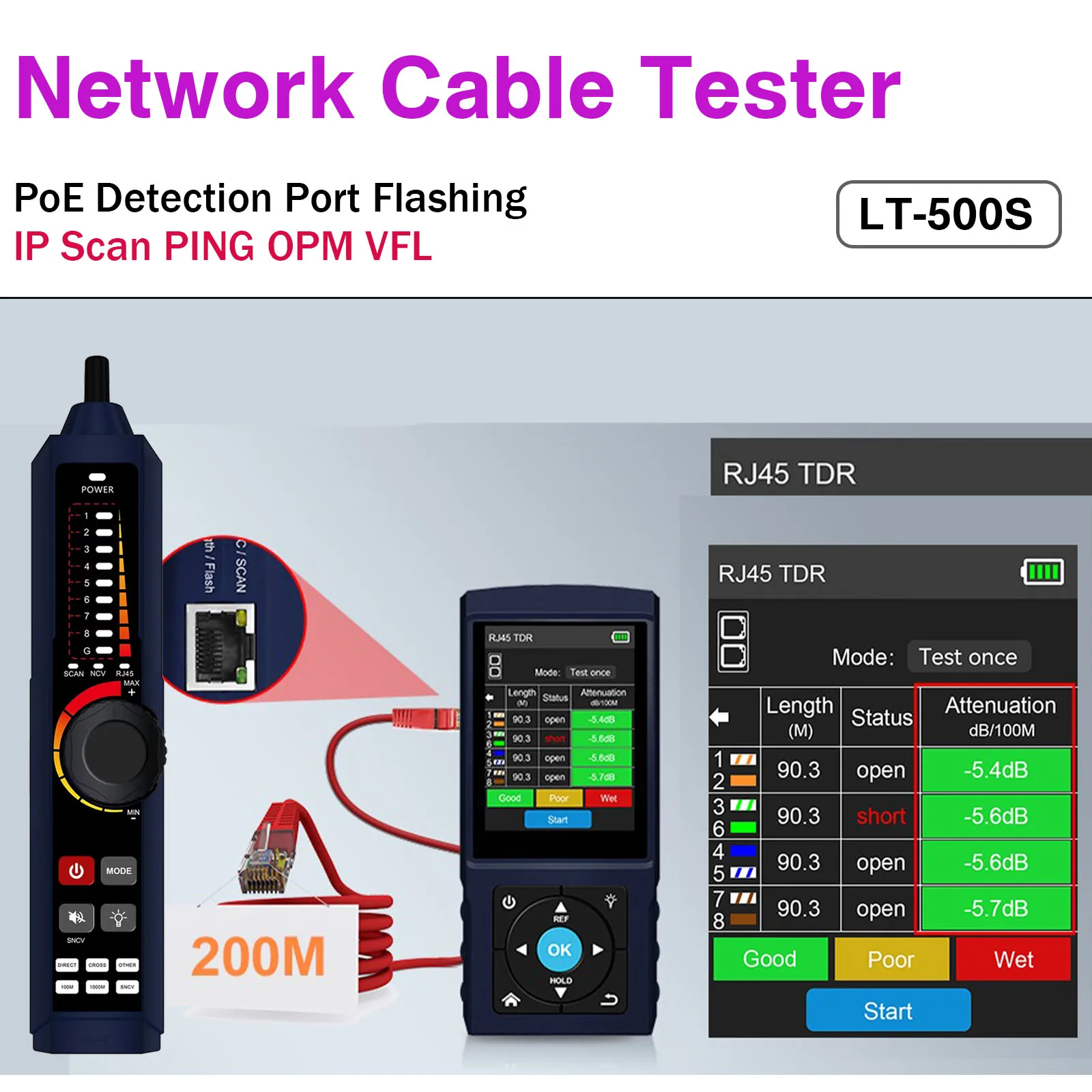 Network Cable Tester RJ45 Tracer TDR Length Meter PoE Detection Port Flashing IP Scan PING OPM VFL LT-500/LT-500S 10G 2.5G