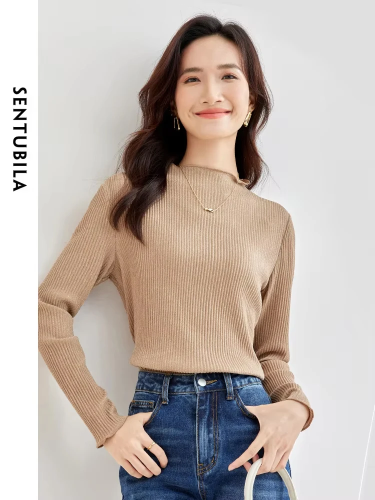 SENTUBILA Mock Neck Sweaters for Women 2024 Autumn Simple Basics Long Sleeve Knit Tops Female T-Shirt Woman Knitwear 133T52324